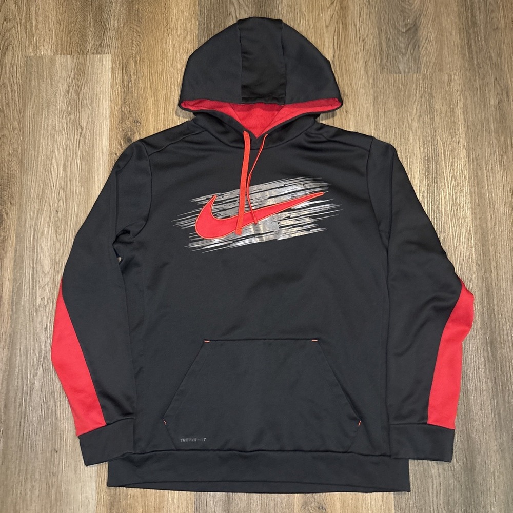 Nike Therma Fit Men's Large Pullover Hoodie‎ Sweatshirt Black Red Center Swoosh